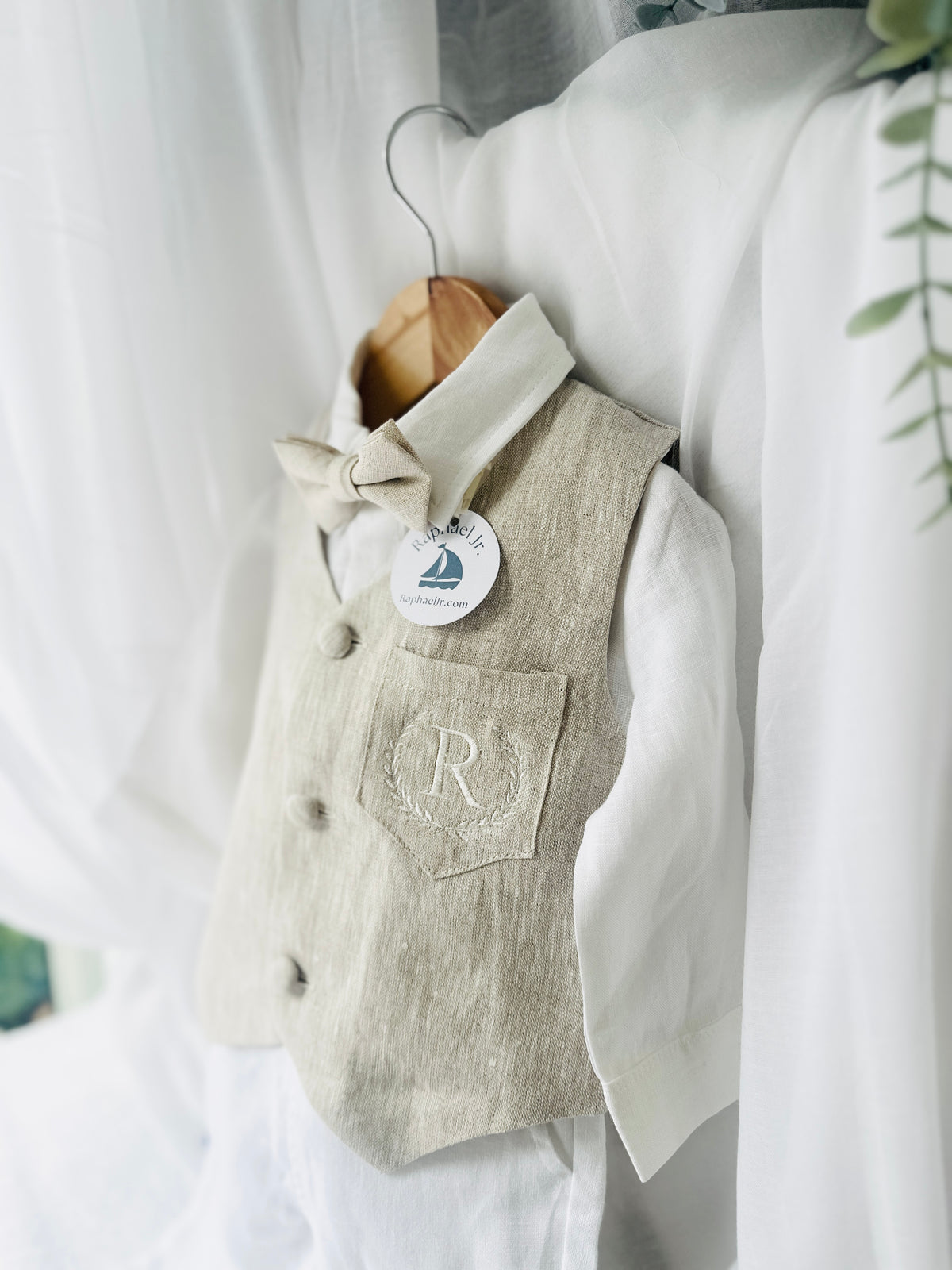 White and Beige Linen set with vest, shirt, pants, suspenders and bowtie plus optional jacket, cap and shoes