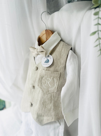 White and Beige Linen set with vest, shirt, pants, suspenders and bowtie plus optional jacket, cap and shoes