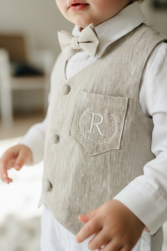 White and Beige Linen set with vest, shirt, pants, suspenders and bowtie plus optional jacket, cap and shoes