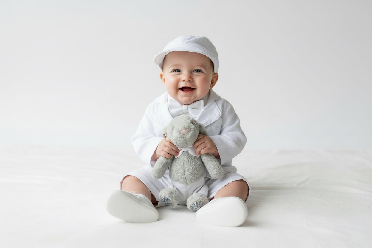 White linen summer Baptism outfit with suspender shorts, shirt, bowtie plus optional extras