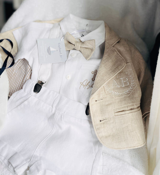 Linen Baptism Shorts, Suspenders and Shirt set with Optional Jacket