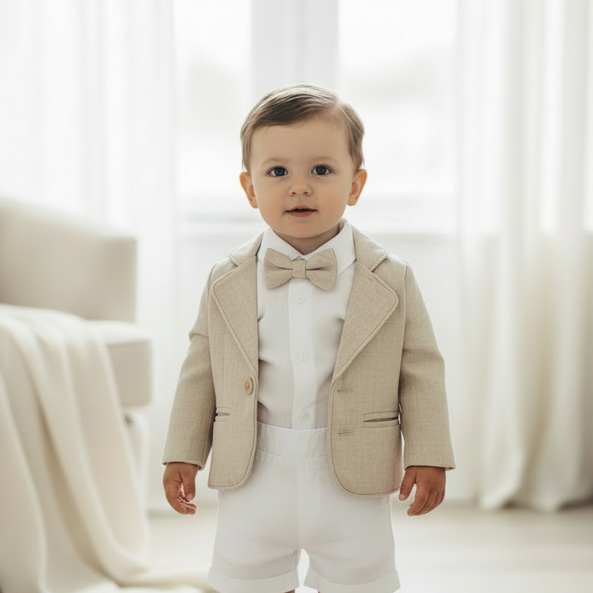 White Linen Baptism summer Set with Optional Jacket