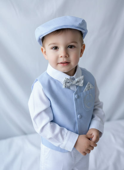 Baby and toddler boys pale blue chambray suit with blue vest, pants and jacket