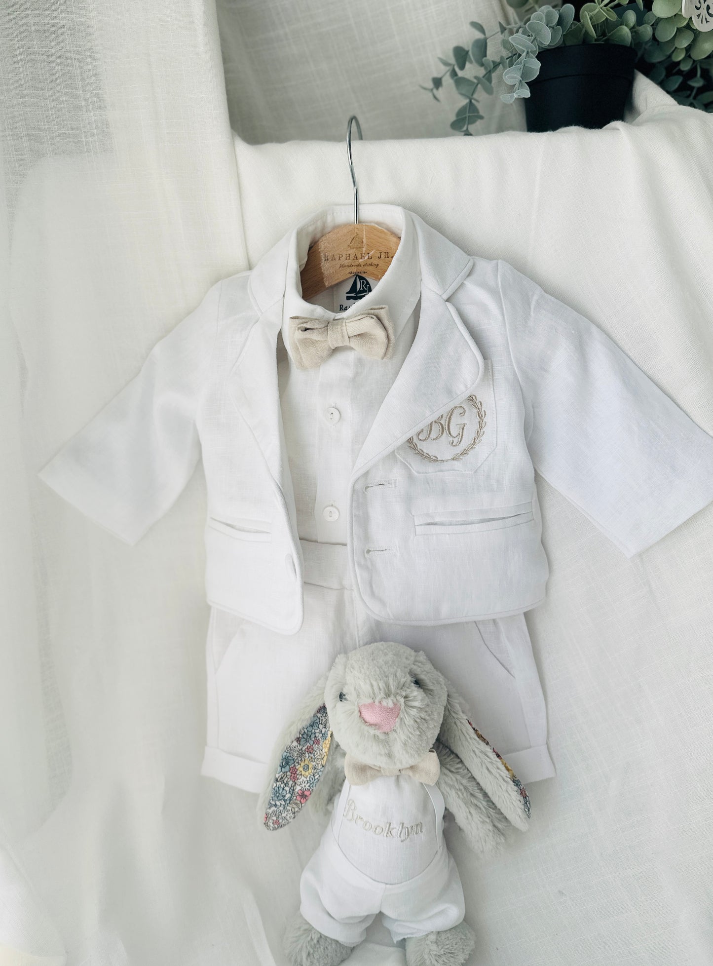 White linen summer Baptism outfit with suspender shorts, shirt, bowtie plus optional extras