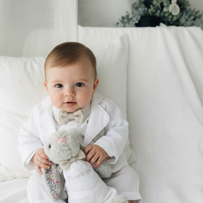 White linen summer Baptism outfit with suspender shorts, shirt, bowtie plus optional extras
