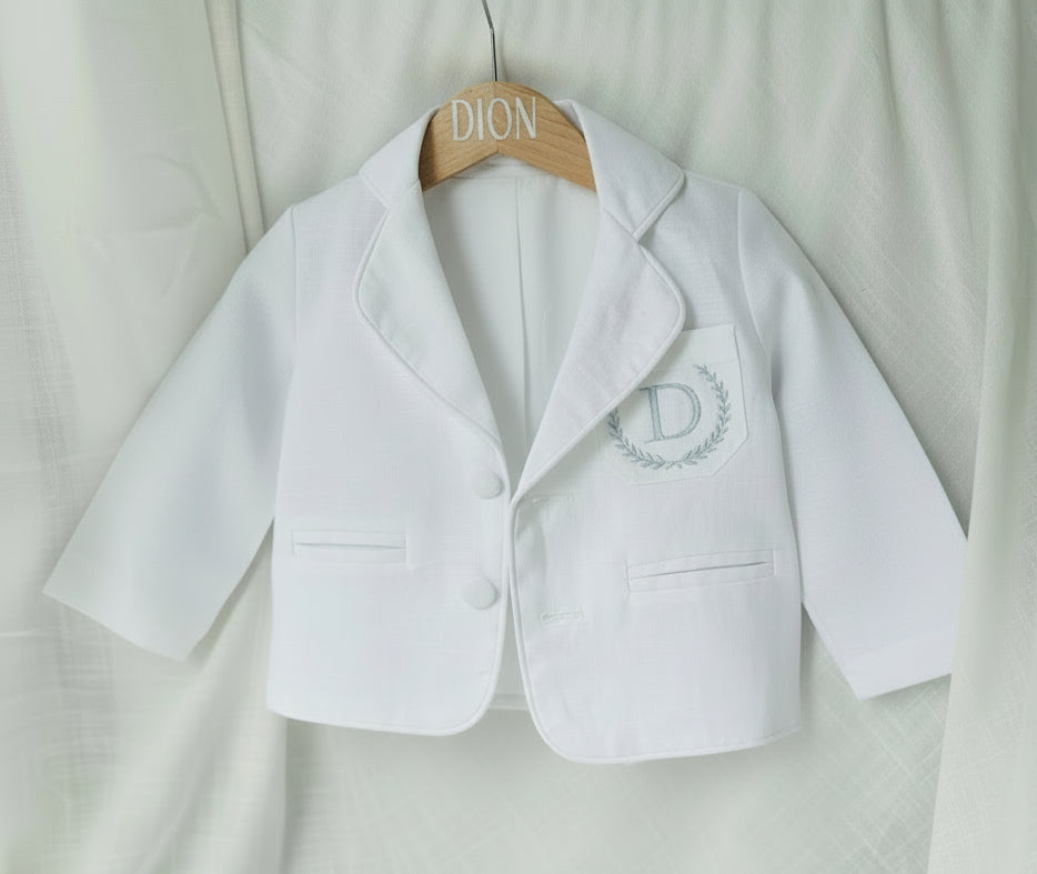 Boys white linen full length Baptism set with vest, shirt, pants, suspenders and bow tie