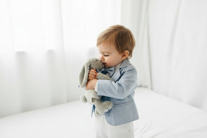 White linen Baptism Suit outfit with optional blue jacket and Accessories