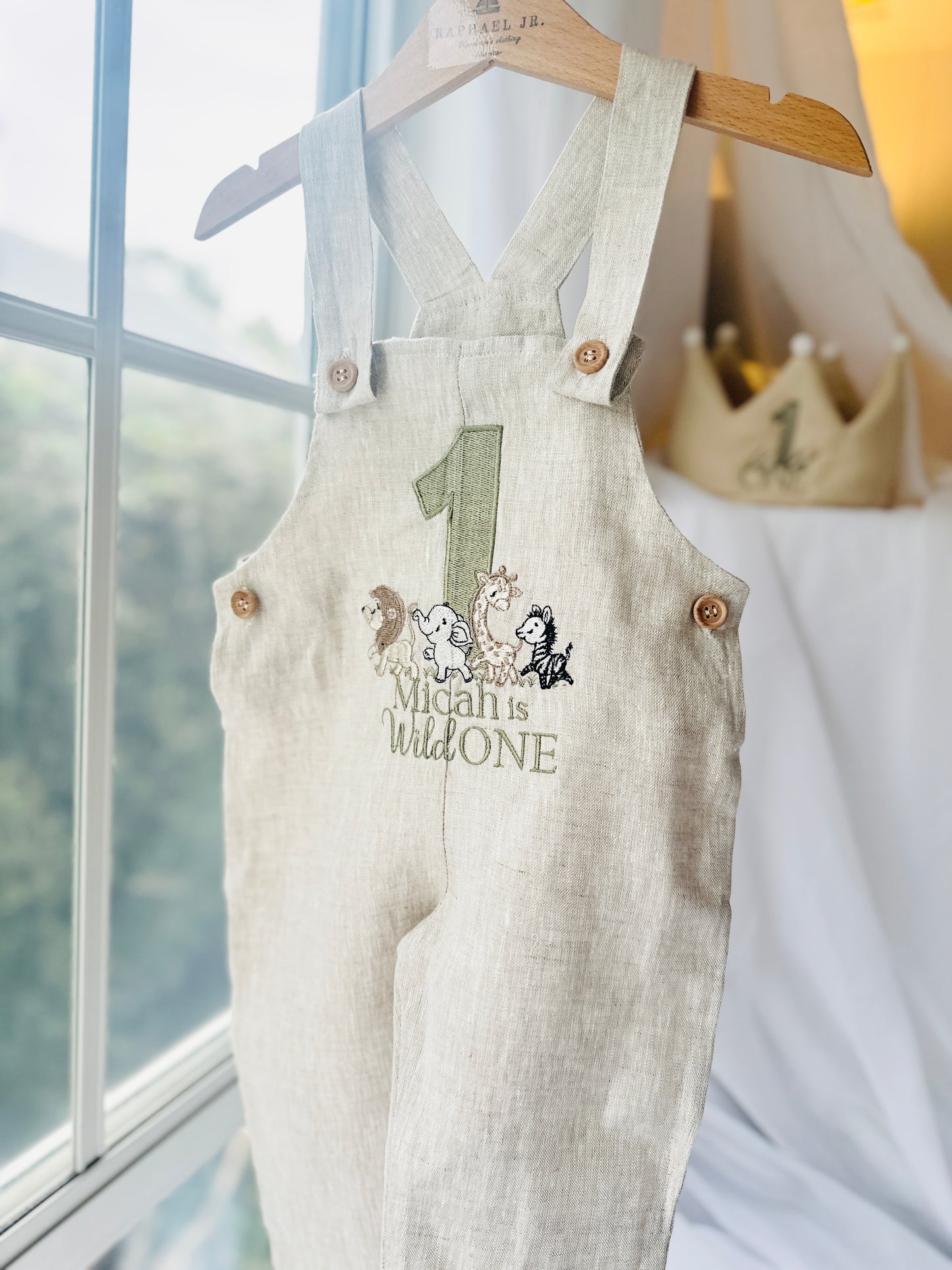 Boys Beige Linen Birthday overalls romper dungarees safari balloon fast car wild sea themes