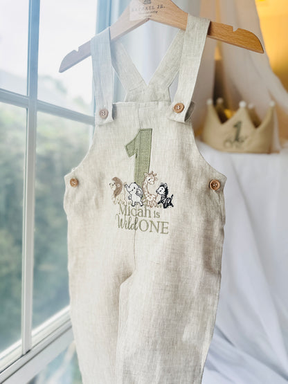Boys Beige Linen Birthday overalls romper dungarees safari balloon fast car wild sea themes