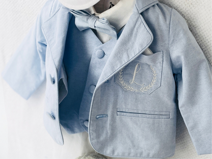 Baby and toddler boys pale blue chambray suit with blue vest, pants and jacket