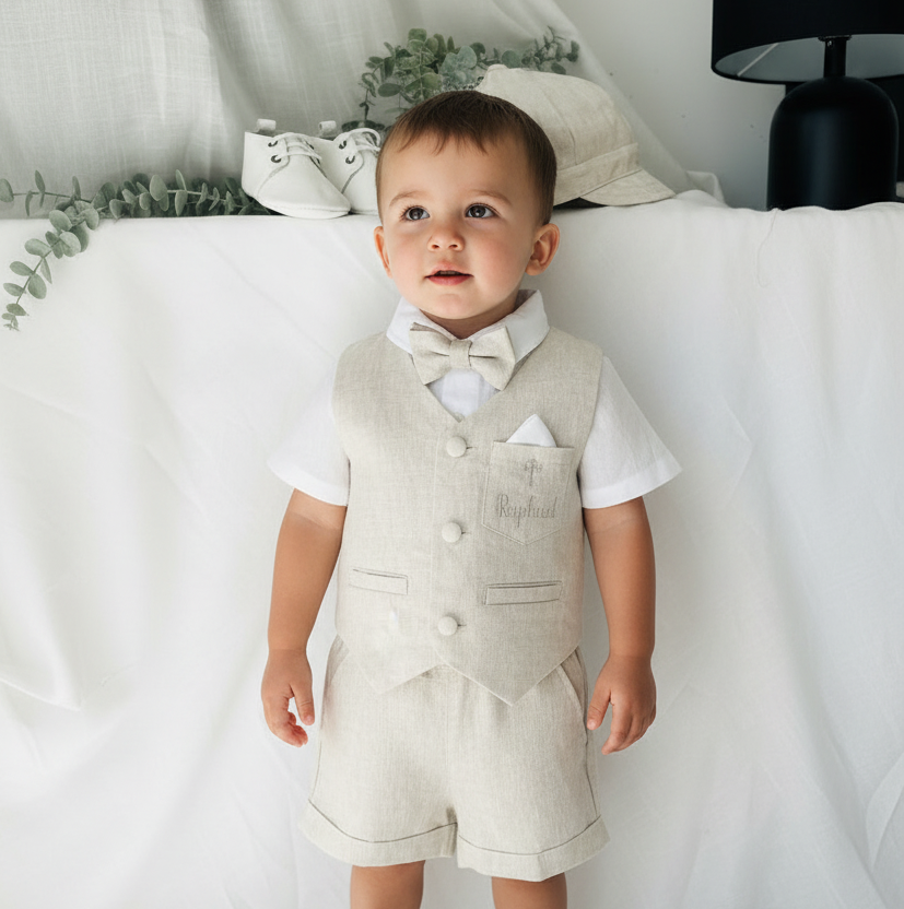 Beige Linen Shorts Shirt Suspenders and Vest set with Optional Cap Jacket and Embroidery