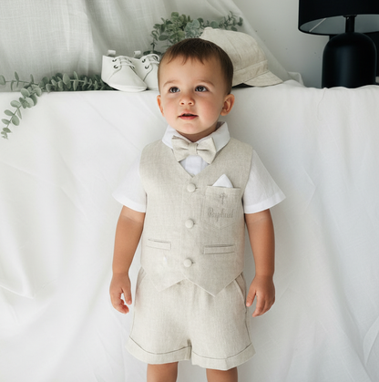 Beige Linen Shorts Shirt Suspenders and Vest set with Optional Cap Jacket and Embroidery