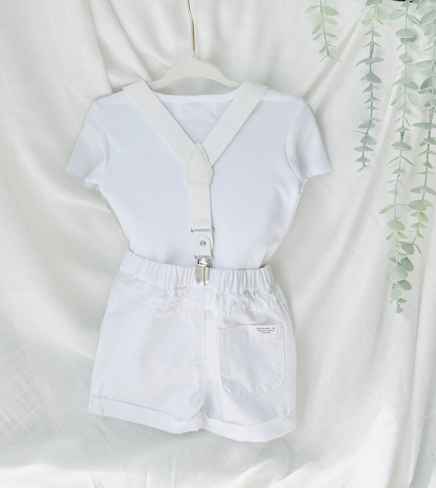 Boys white and cotton Baptism wedding set with vest onesie, shorts, suspenders and bow tie