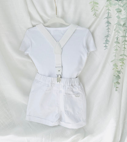 Boys white and beige cotton Baptism wedding set with vest onesie, shorts, suspenders and bow tie