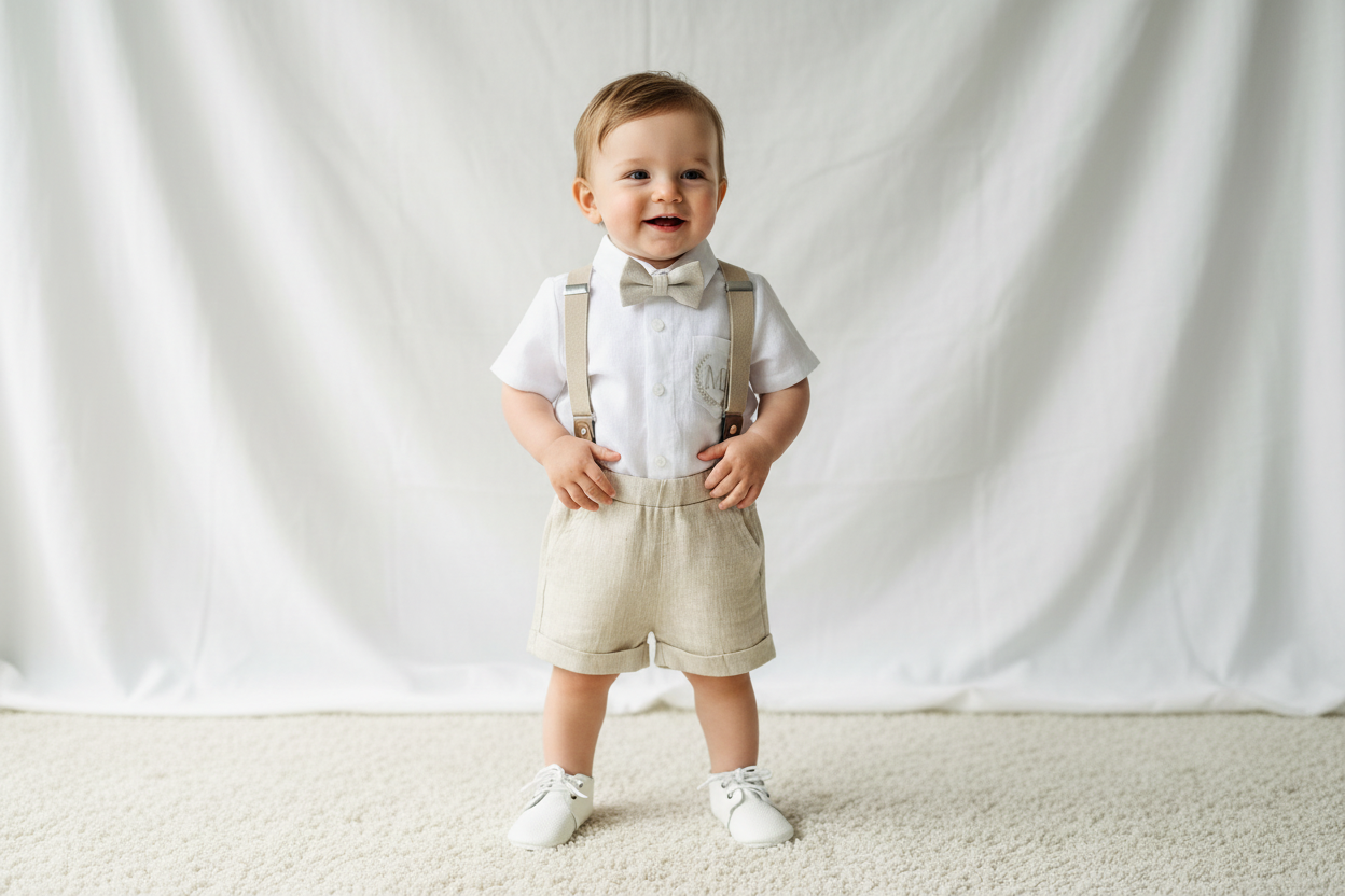 Beige Linen Baptism outfit with suspender shorts, shirt, and bow tie plus optional jacket and embroidery
