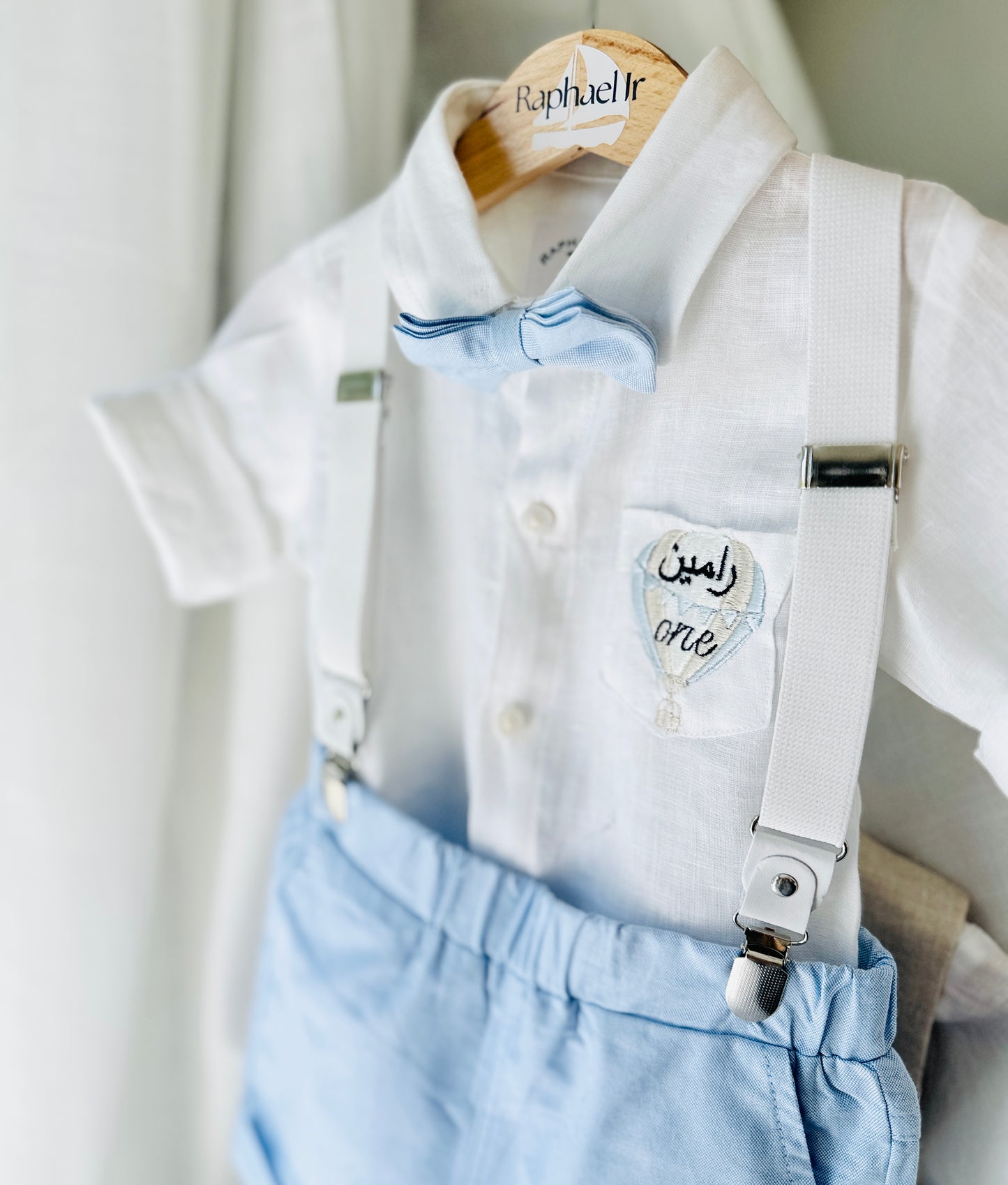 Light Blue summer first birthday set with shorts, shirt, suspenders and bow tie plus optional extras