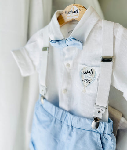 Light Blue summer first birthday set with shorts, shirt, suspenders and bow tie plus optional extras