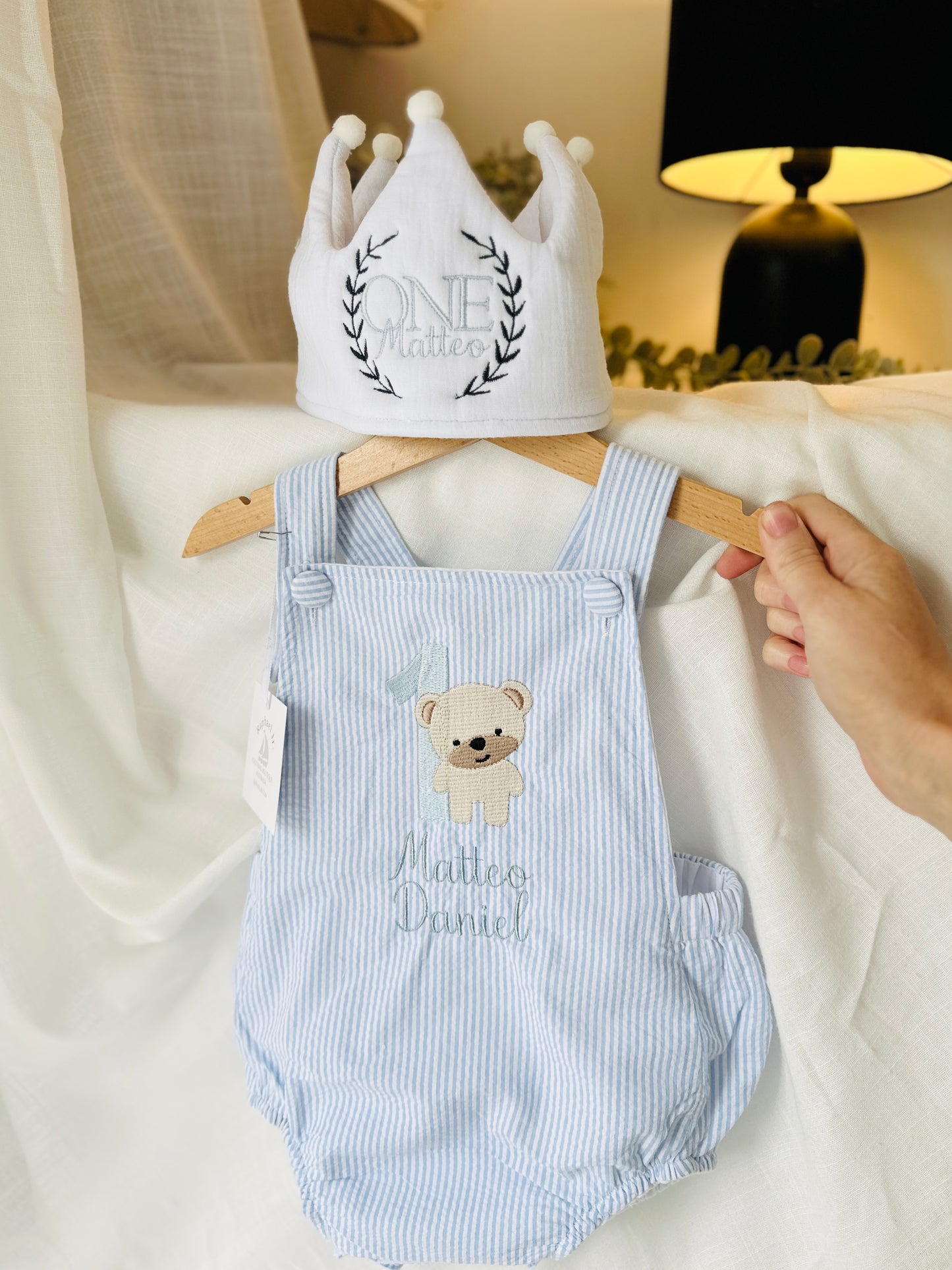 Boys Blue Seersucker teddy bear First Birthday romper