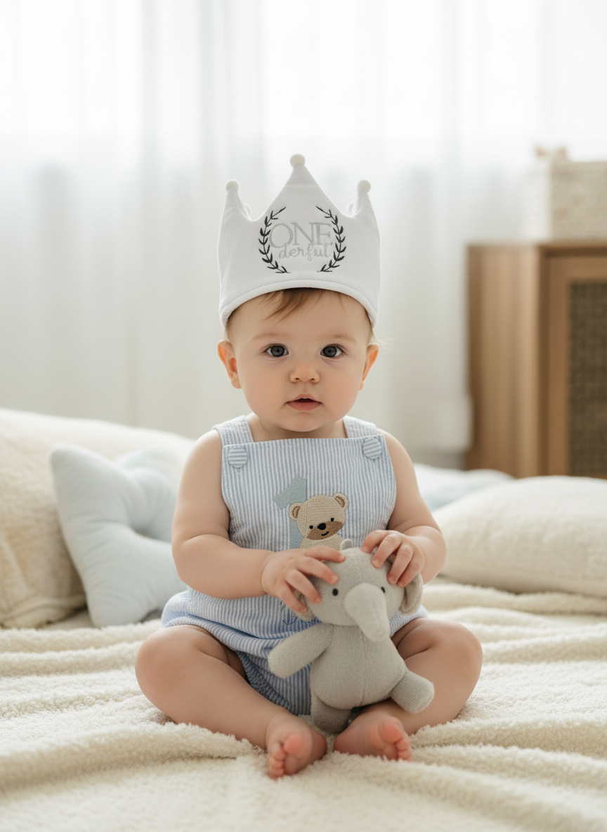 Boys Blue Seersucker teddy bear First Birthday romper