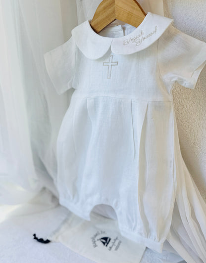 Linen Baptism 3/4 length jumpsuit romper with optional cardigan and embroidery