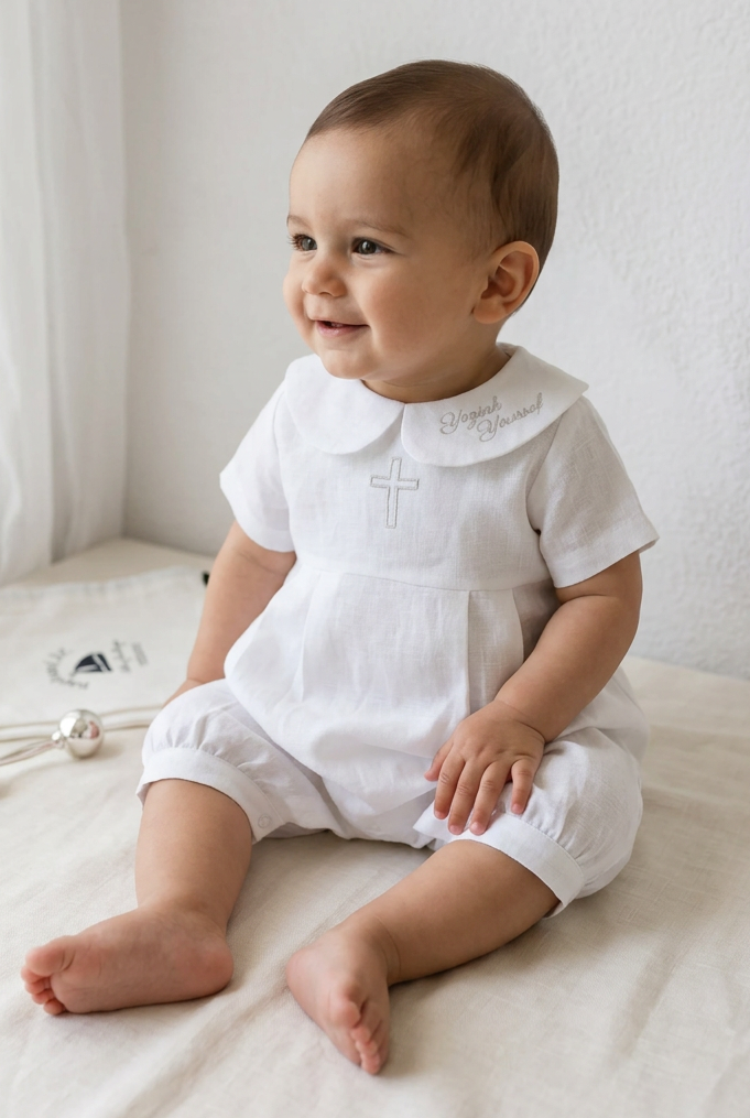 Linen Baptism 3/4 length jumpsuit romper with optional cardigan and embroidery