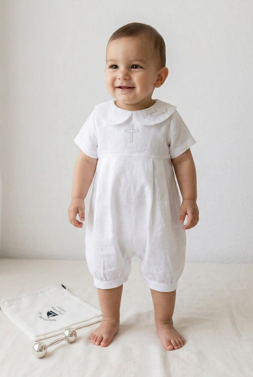 Linen Baptism 3/4 length jumpsuit romper with optional cardigan and embroidery