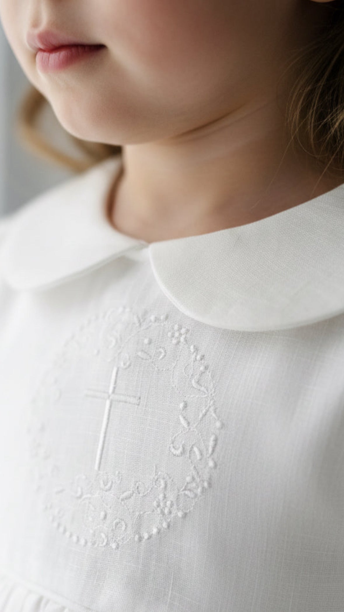 White Linen Baptism dress with detachable long skirt gown