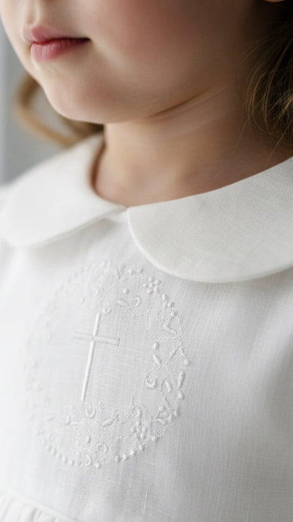 White Linen Baptism dress with detachable long skirt gown
