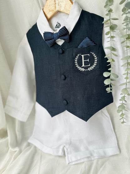 Boys Navy blue vest with white linen suit set