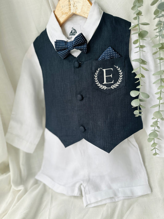 Navy blue pure linen vest waistcoat