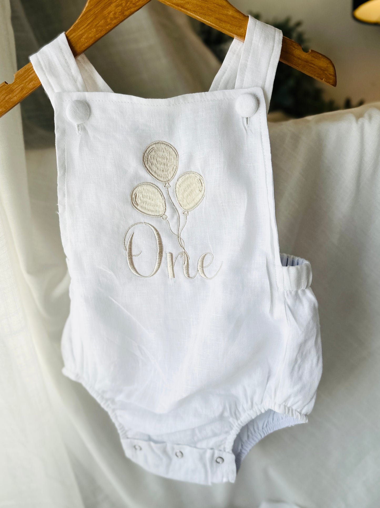 Boys White Linen First Birthday overalls romper one silly goose onederful world oneder the sea teddy car balloons and more