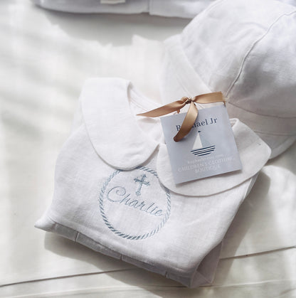 Linen Baptism 3/4 length jumpsuit with optional cardigan and embroidery