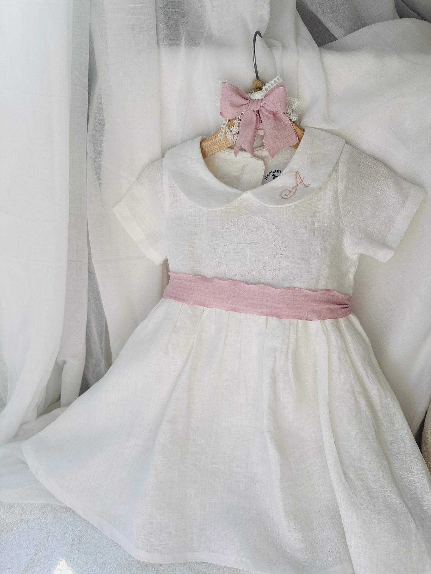 Pure Linen knee length Baptism Dress with embroidery and bloomers and optional ribbon