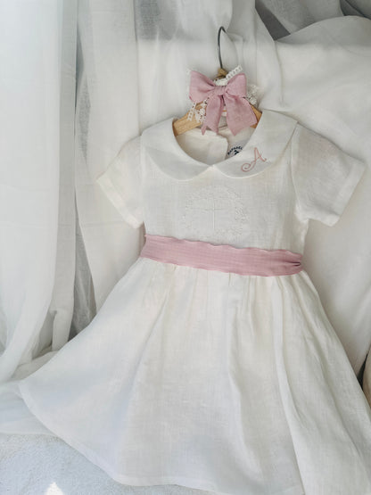 Pure Linen knee length Baptism Dress with embroidery and bloomers and optional ribbon