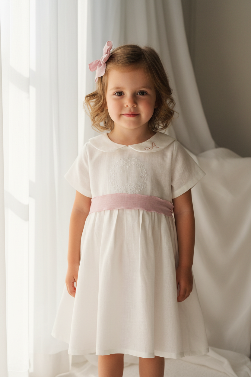 Pure Linen knee length Baptism Dress with embroidery and bloomers and optional ribbon