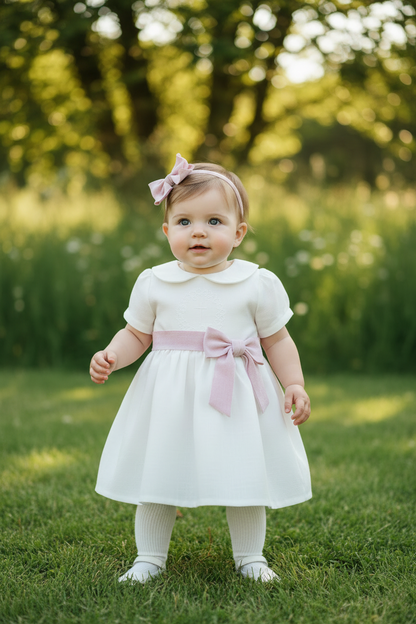 Pure Linen knee length Baptism Dress with embroidery and bloomers and optional ribbon