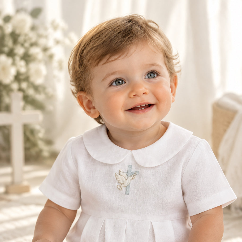 Linen Baptism peter pan collar bubble romper with optional embroidery customisation