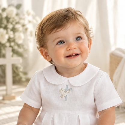 Linen Baptism peter pan collar bubble romper with optional embroidery customisation