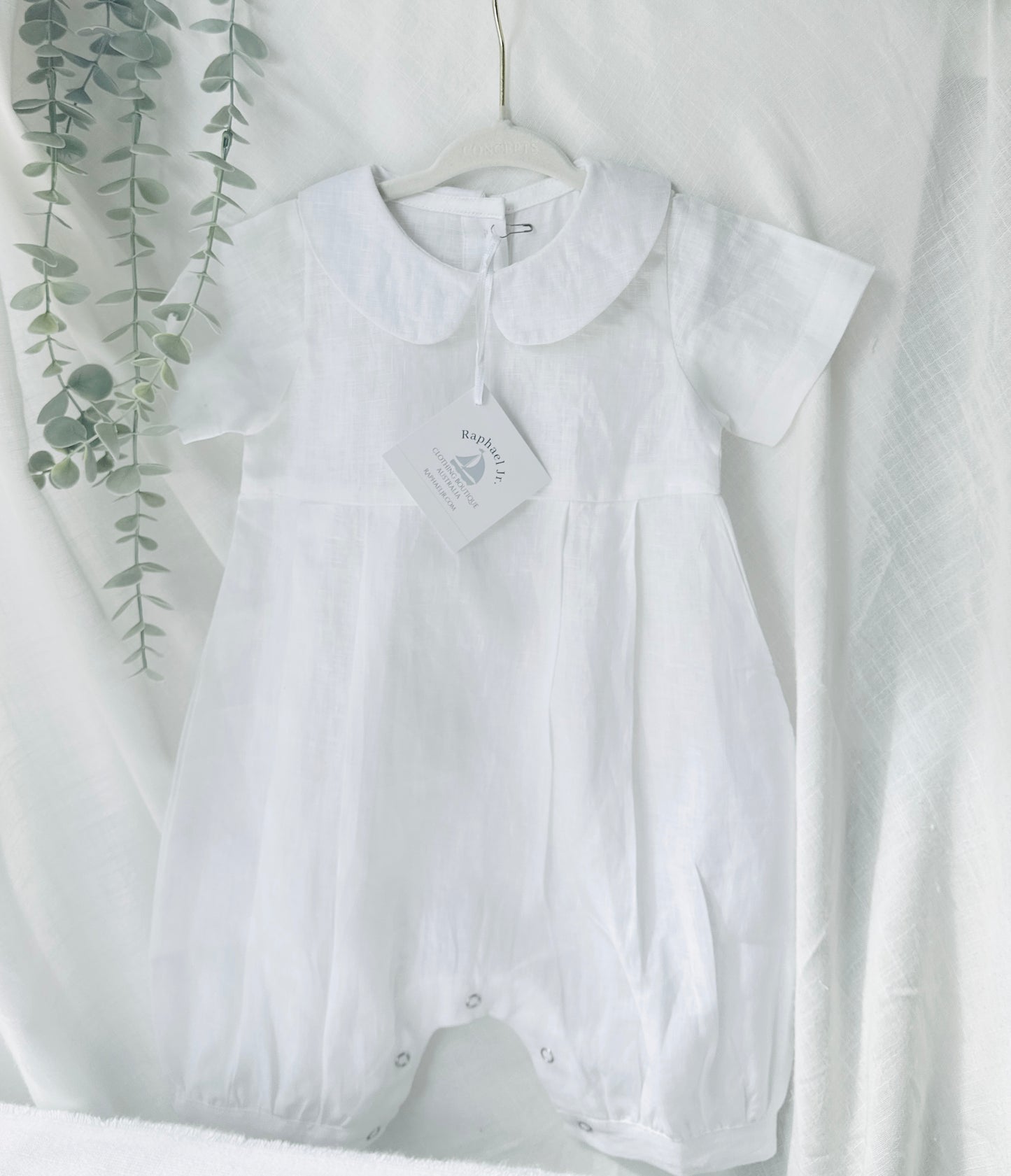 Linen Baptism romper short-all outfit with optional embroidery customisation