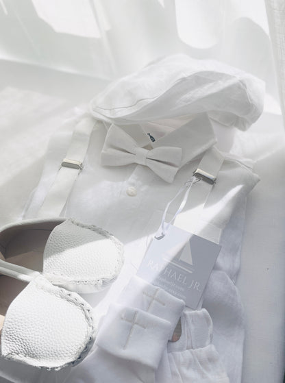 White linen Baptism Suit outfit with optional blue jacket and Accessories