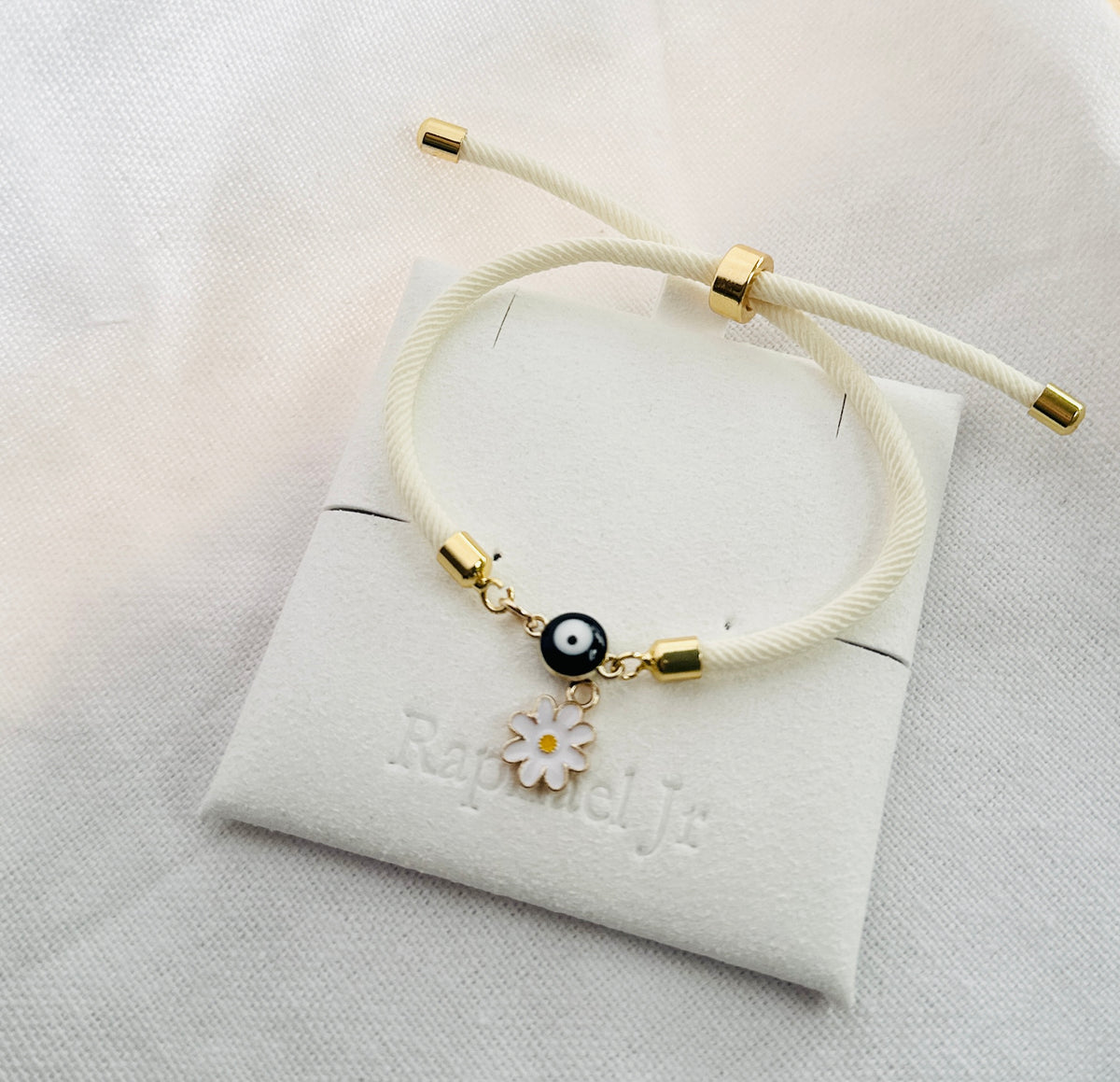 Evil eye bracelet white rope with gold clasps and optional charm