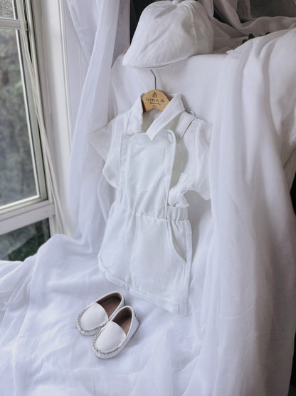 Boys white pure linen overalls suspender shorts with optional shirt and embroidery