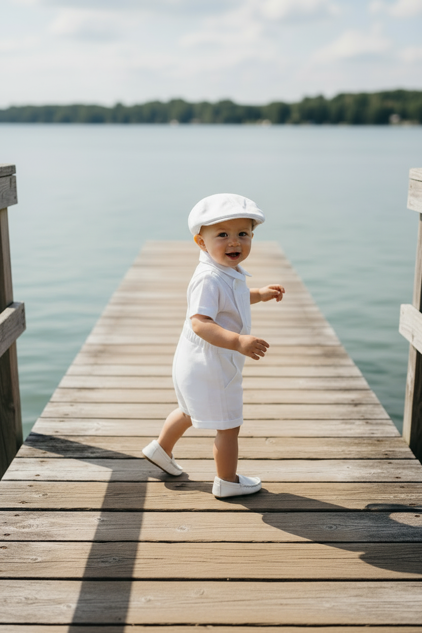 Boys white pure linen overalls suspender shorts with optional linen blouse and embroidery