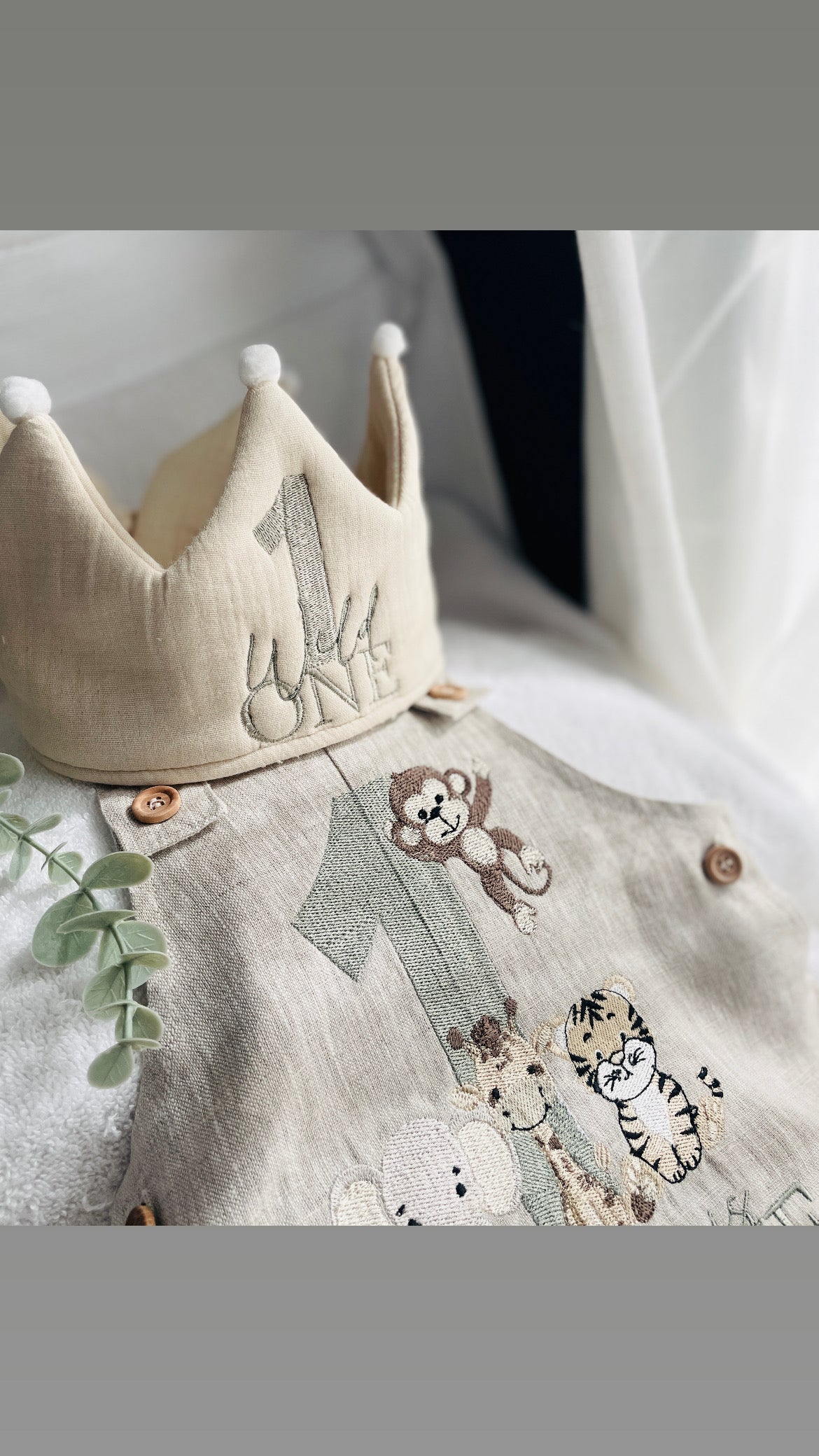 Boys Beige Linen Birthday overalls romper dungarees safari balloon fast car wild sea themes