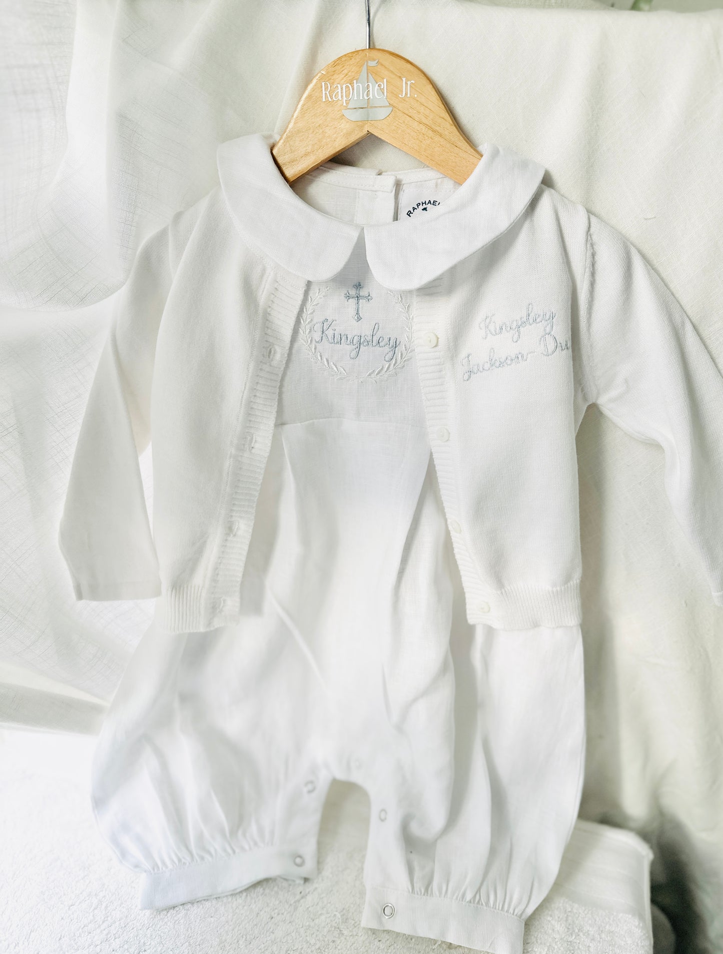 Linen Baptism romper dungaree jumpsuit with optional cardigan and embroidery