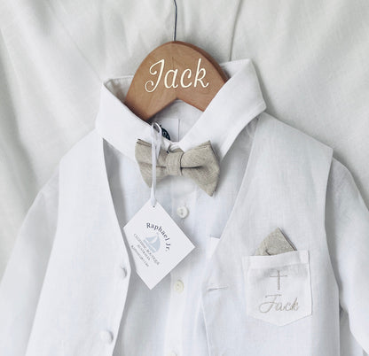 Boys white and beige linen Baptism and Wedding Outfit with vest, shirt, shorts, suspenders and bow tie
