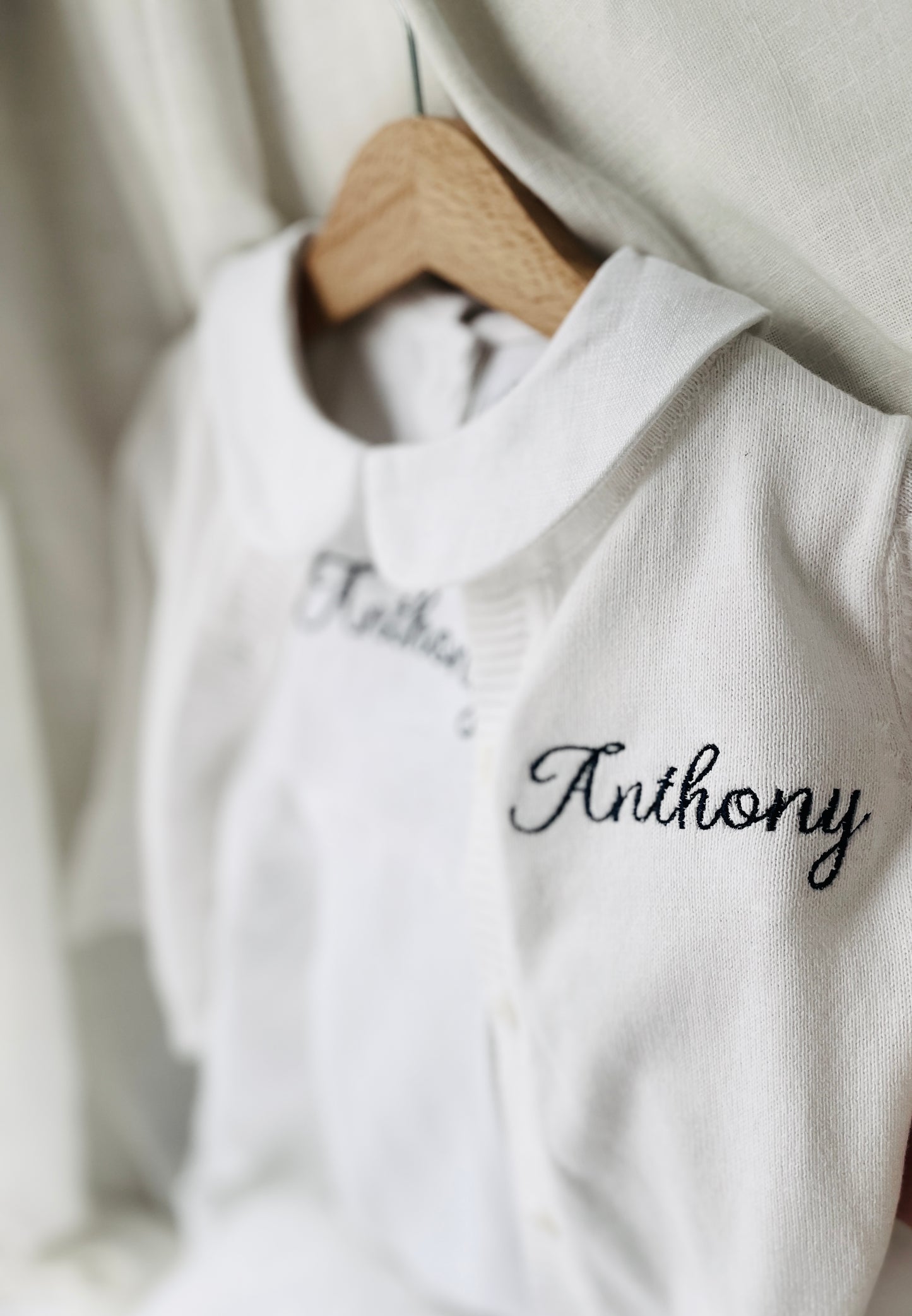 Linen Baptism 3/4 length jumpsuit with optional cardigan and embroidery