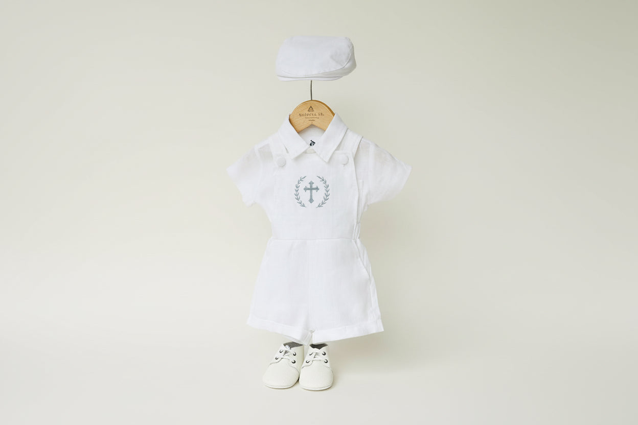Boys white pure linen overalls suspender shorts with optional shirt and embroidery