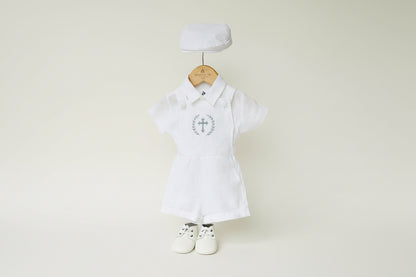 Boys white pure linen overalls suspender shorts with optional shirt and embroidery