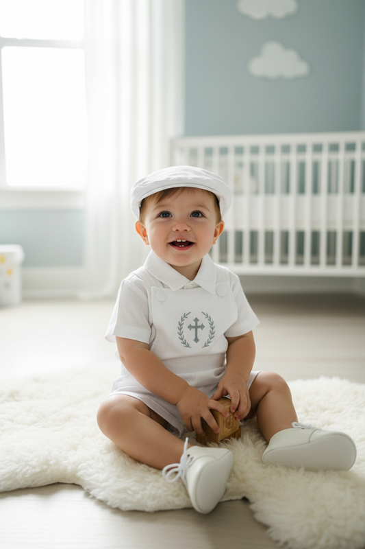 Boys white pure linen overalls suspender shorts with optional shirt and embroidery